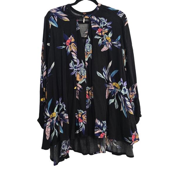 Free People Tops - Free People Black Floral Boho Tunic Top Sz S Hippie, Artsy Oversized Flowy Y2K